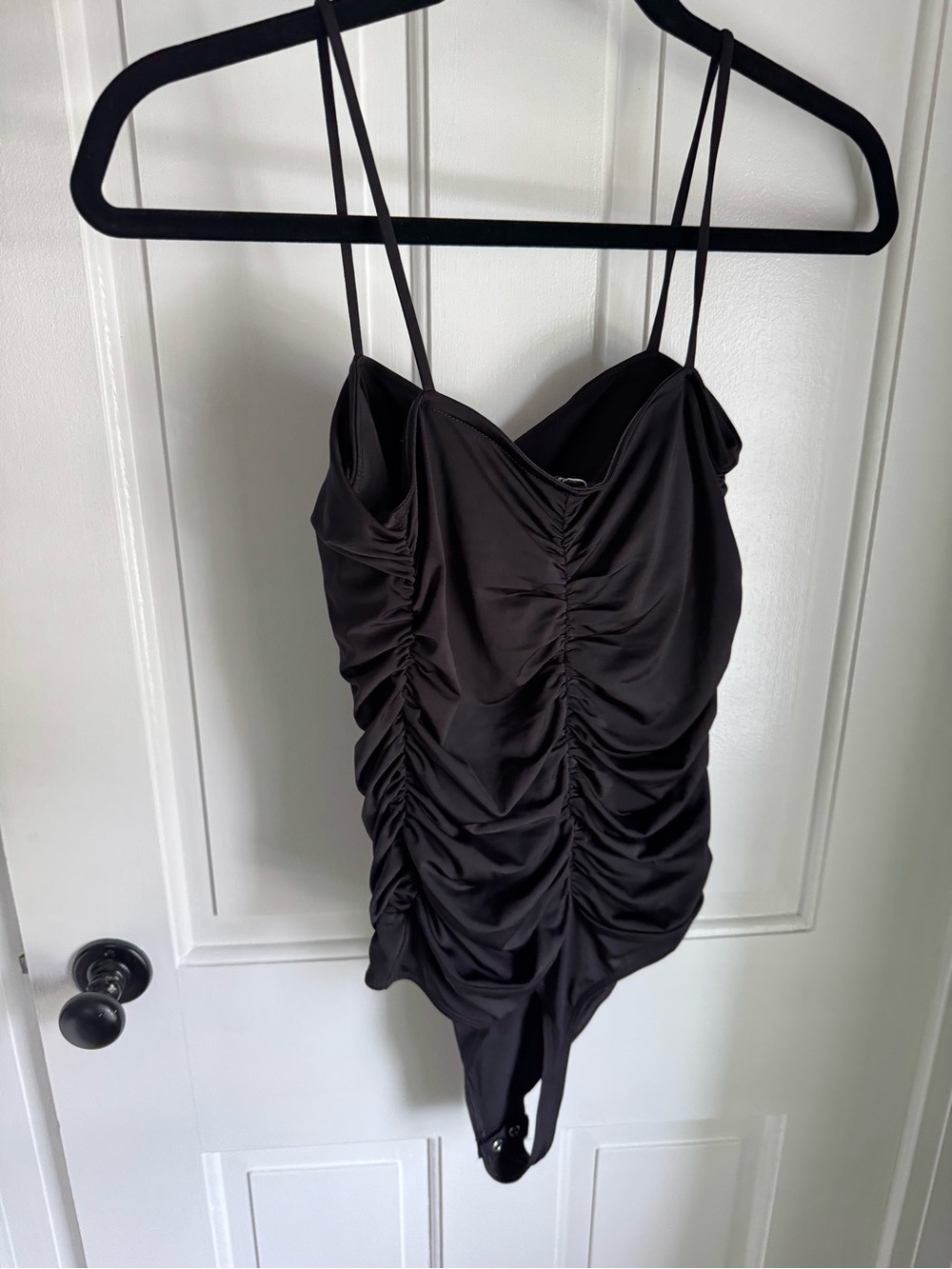 Express Black Ruched Bodysuit with Spaghetti Straps